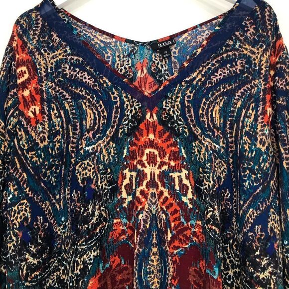 ANA Jewel tone Paisley Print Lightweight Flowy V Neck Roll Sleeve Blouse NEW - Picture 3 of 16